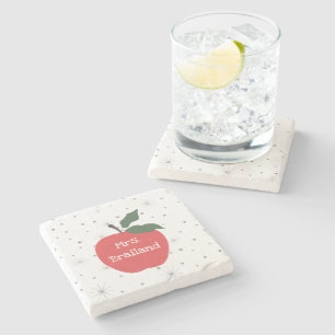 Personalize teacher name custom red apple   stone coaster