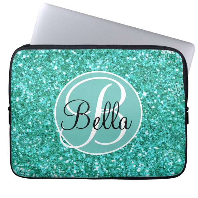 Personalize Teal sparkling glitter monogrammed   Laptop Sleeve (Front)