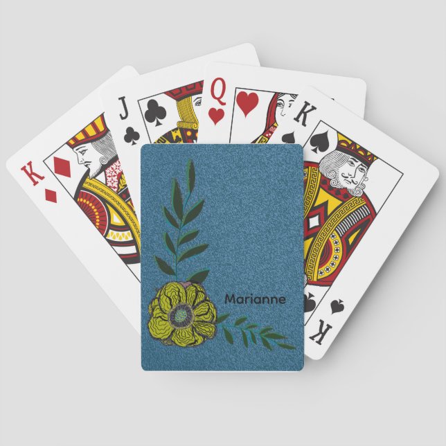Personalize text, Blue background, Floral Playing Cards (Back)