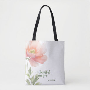 Personalize Thankful for You Watercolor Flower Tote Bag