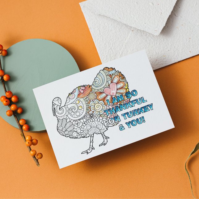 Personalize this Colouring Thanksgiving Turkey Postcard (Customized Thanksgiving Holiday Coloring Card)
