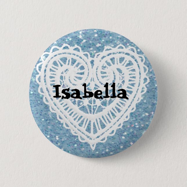 Personalize this pretty glittery blue Name Button (Front)