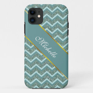 Personalize this Teal Glitter ZigZag iPhone 11 Case