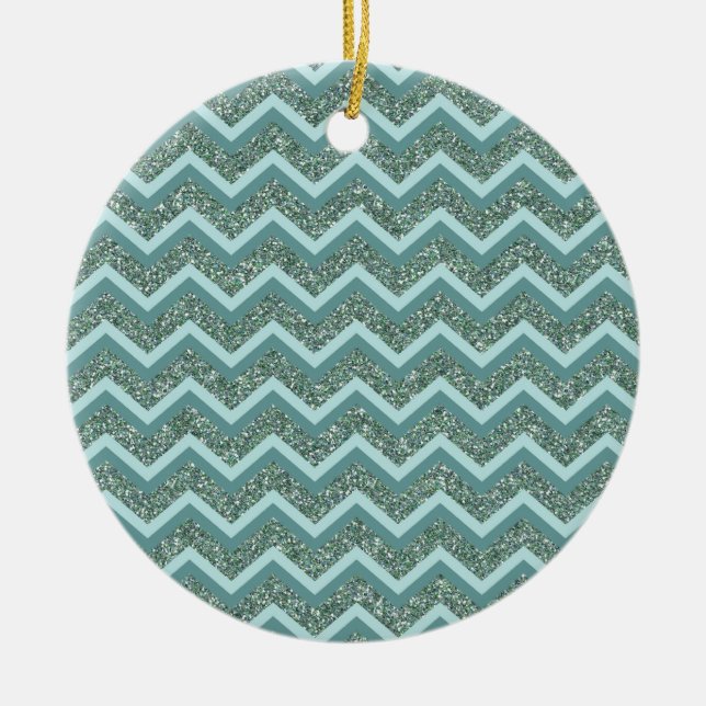 Personalize this Teal Glitter ZigZag Ceramic Ornament (Front)