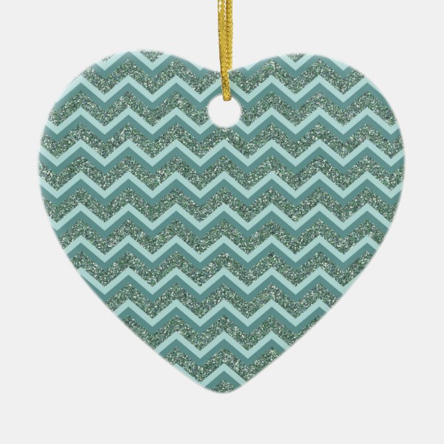 Personalize this Teal Glitter ZigZag Ceramic Ornament (Front)