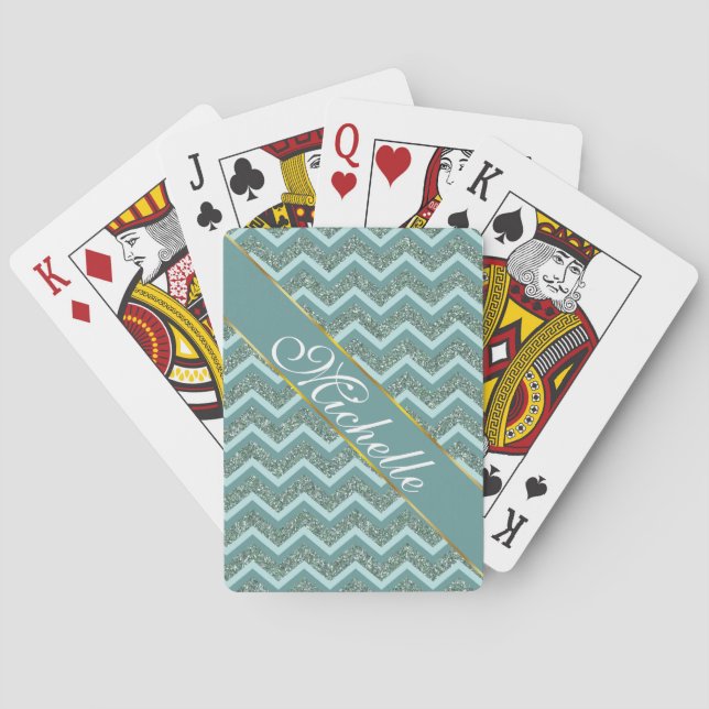Personalize this Teal Glitter ZigZag Playing Cards (Back)