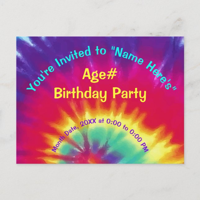 Personalize Tie Dye Birthday Invitations Your Text (Front)