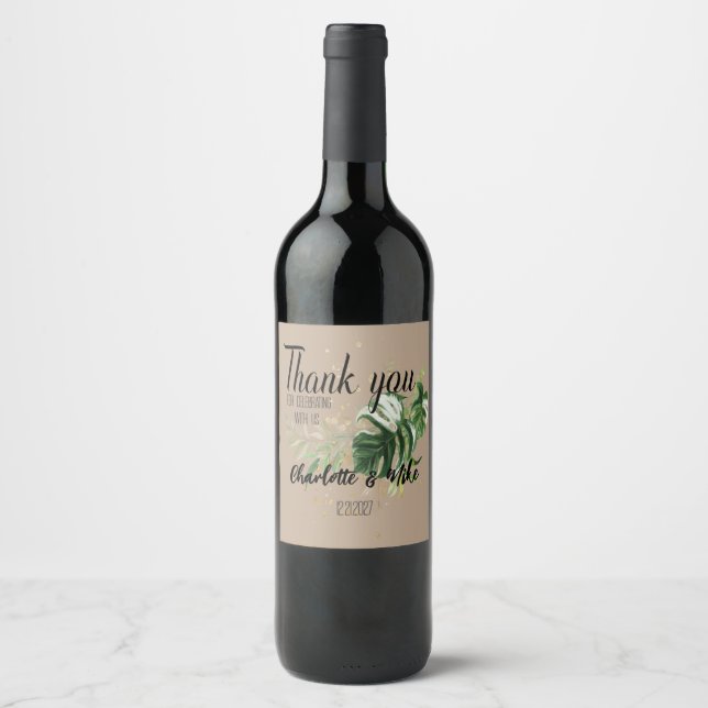 Personalize Tropical Leaf Wedding Thank you Favour Wine Label (Front)