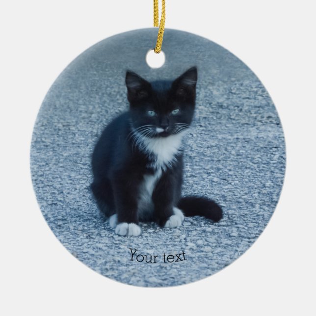Personalize Tuxedo black and white kitten Ceramic Ornament (Front)