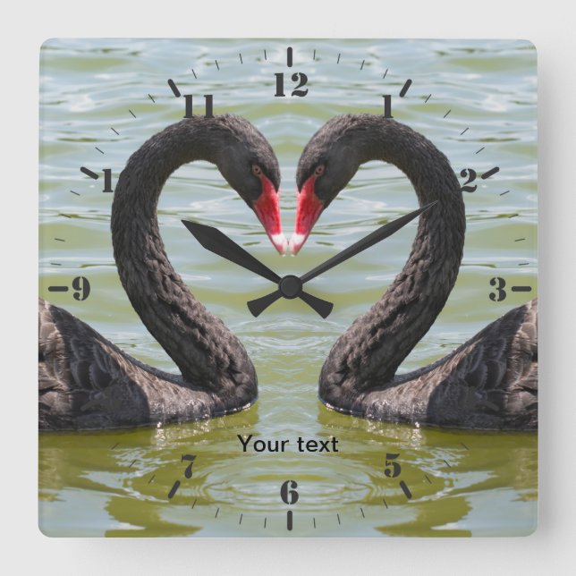 Personalize Two Black Swans birds in heart shape Square Wall Clock (Front)