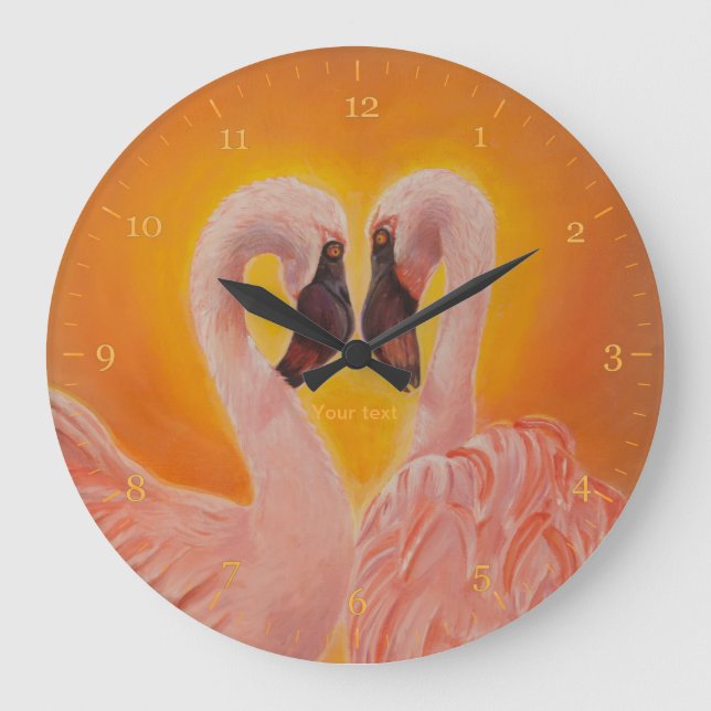 Personalize Two Flamingos Love  heart Dance Large Clock (Front)