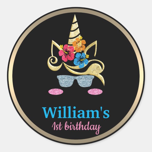 Personalize Unicorn Birthday Classic Round Sticker (Front)