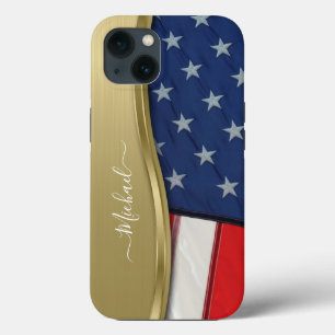 Personalize USA Flag Faux Gold Metal Swirl iPhone 13 Case
