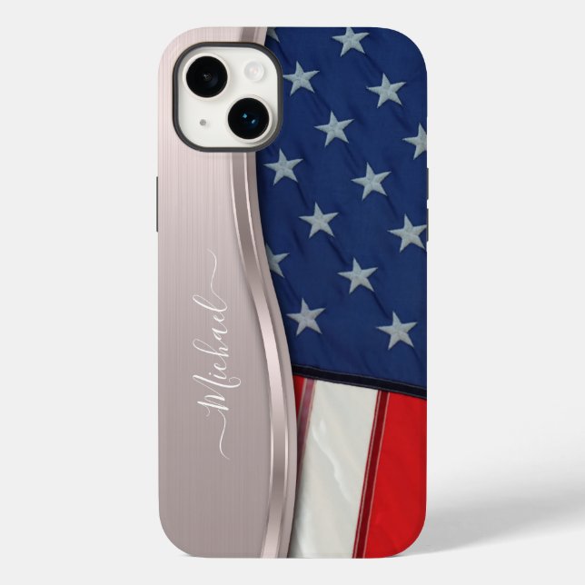Personalize USA Flag Faux Rose Gold Metal Swirl Case-Mate iPhone Case (Back)