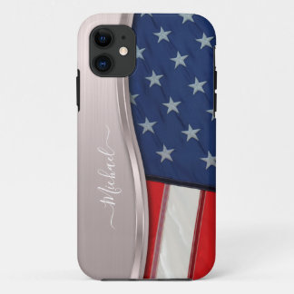 Personalize USA Flag Faux Rose Gold Metal Swirl iPhone 11 Case