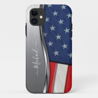 Personalize USA Flag Faux Silver Metal Swirl iPhone 11 Case