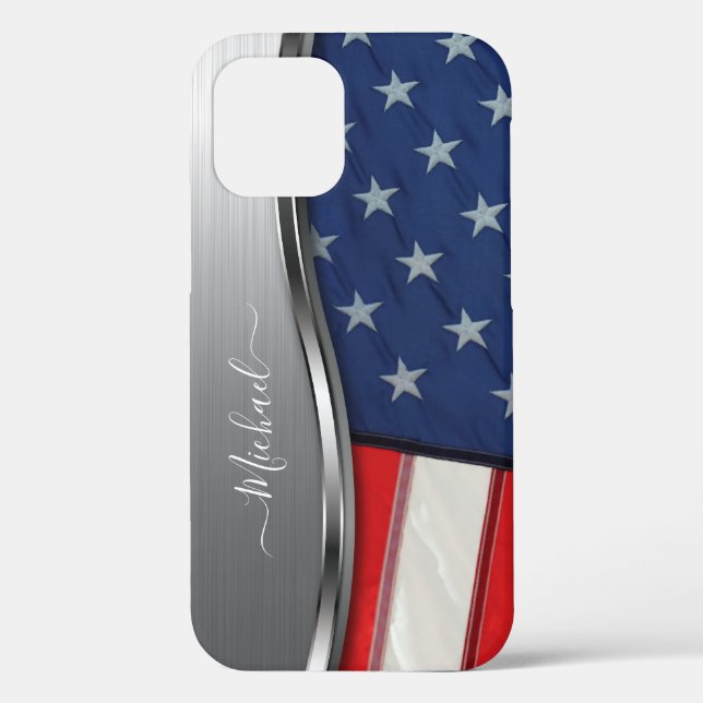 Personalize USA Flag Faux Silver Metal Swirl Case-Mate iPhone Case (Back)