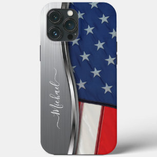 Personalize USA Flag Faux Silver Metal Swirl iPhone 13 Pro Max Case