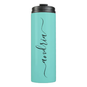 Personalize Vertical Black Script Name, Light Teal Thermal Tumbler