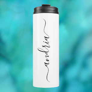 Personalize Vertical Black Script Name on White Thermal Tumbler