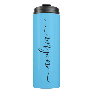 Personalize Vertical Black Script Name, Sky Blue Thermal Tumbler