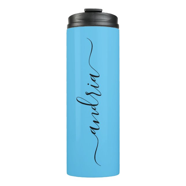 Personalize Vertical Black Script Name, Sky Blue Thermal Tumbler (Front)