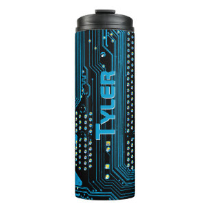 Personalize Vertical Name Blue/Black Circuit Board Thermal Tumbler