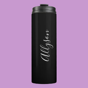 Personalize Vertical Name in White Script on Black Thermal Tumbler