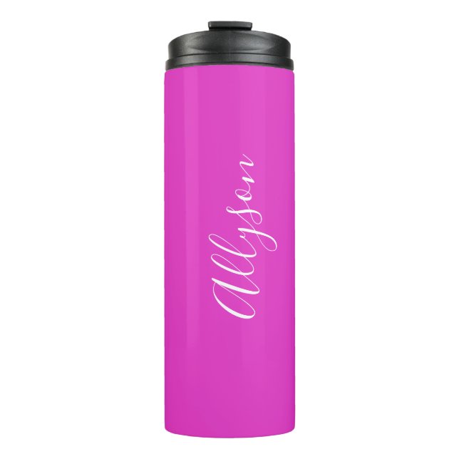 Personalize Vertical Name, White, Bright Fuchsia Thermal Tumbler (Front)