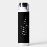 Personalize Vertical Name, White Script, Black Water Bottle<br><div class="desc">Personalize your name in vertical white script text on black background.</div>