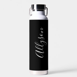 Personalize Vertical Name, White Script, Black Water Bottle