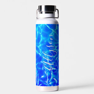 Personalize Vertical Name White Script, Blue Water Bottle