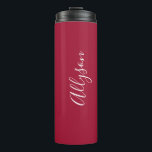 Personalize Vertical Name, White Script, Deep Red Thermal Tumbler<br><div class="desc">Personalize your Name in vertical White Script Text and on Deep Red background. Click “Customize” to change colours and type styles.</div>