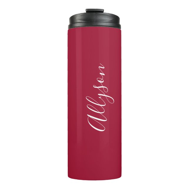 Personalize Vertical Name, White Script, Deep Red Thermal Tumbler (Front)