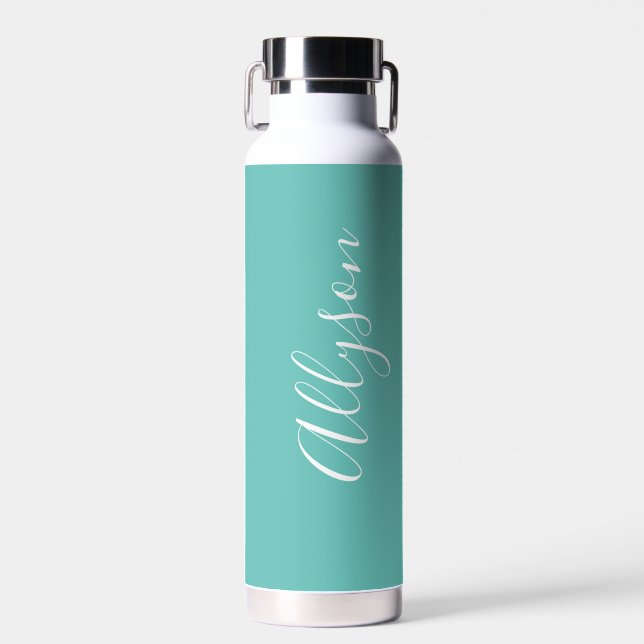 Personalize Vertical Name White Script, Lt. Teal Water Bottle (Front)