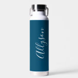 Personalize Vertical Name White Script, Ocean Blue Water Bottle<br><div class="desc">Personalize your name in vertical white script text on ocean blue background.</div>