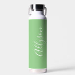Personalize Vertical Name White Script, Sage Water Bottle<br><div class="desc">Personalize your name in vertical white script text on sage background.</div>