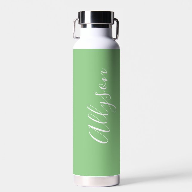 Personalize Vertical Name White Script, Sage Water Bottle (Front)