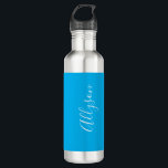 Personalize Vertical Name, White Script, Sky Blue 710 Ml Water Bottle<br><div class="desc">Personalize your Name In White Script Text and vertical on sky blue background.</div>