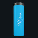 Personalize Vertical Name, White Script, Sky Blue Thermal Tumbler<br><div class="desc">Personalize your Name In White Script Text and vertical on sky blue background.</div>