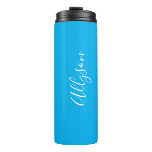 Personalize Vertical Name, White Script, Sky Blue Thermal Tumbler