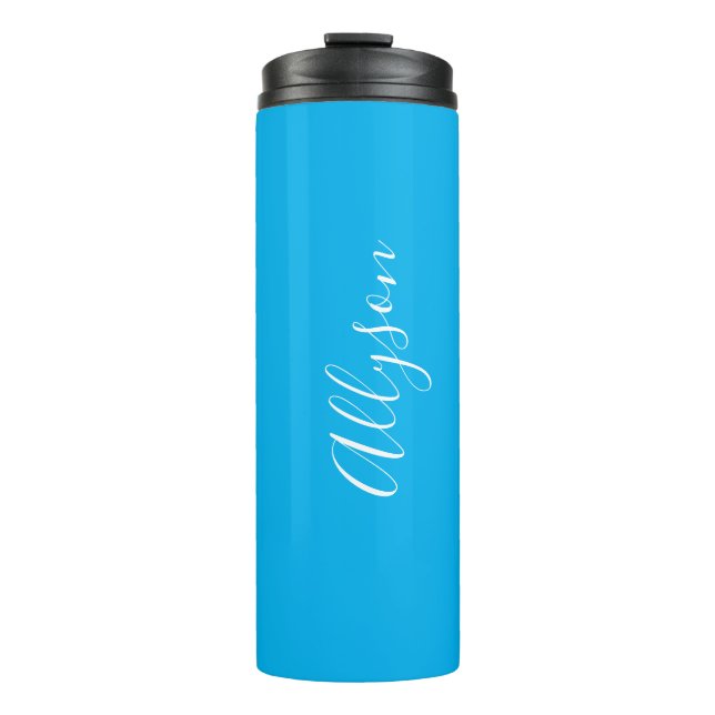 Personalize Vertical Name, White Script, Sky Blue Thermal Tumbler (Front)