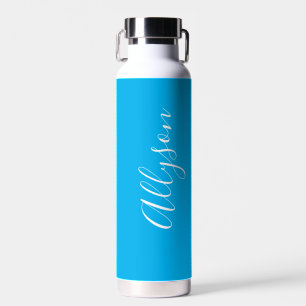 Personalize Vertical Name, White Script, Sky Blue Water Bottle