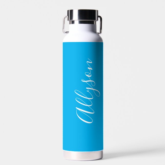 Personalize Vertical Name, White Script, Sky Blue Water Bottle (Front)