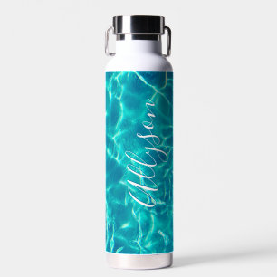 Personalize Vertical Name White Script, Teal Water Water Bottle