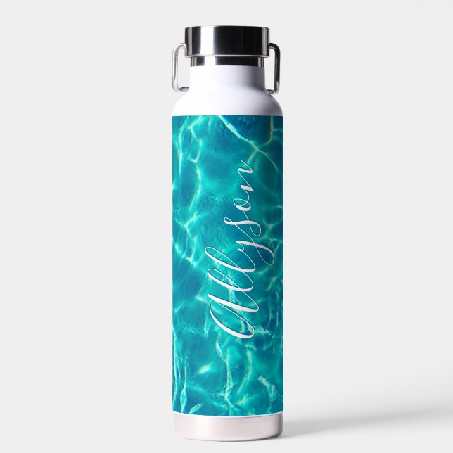Personalize Vertical Name White Script, Teal Water Water Bottle (Front)