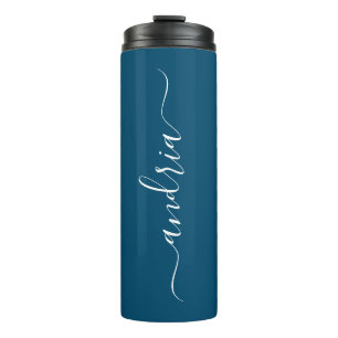 Personalize Vertical White Script Name, Ocean Blue Thermal Tumbler
