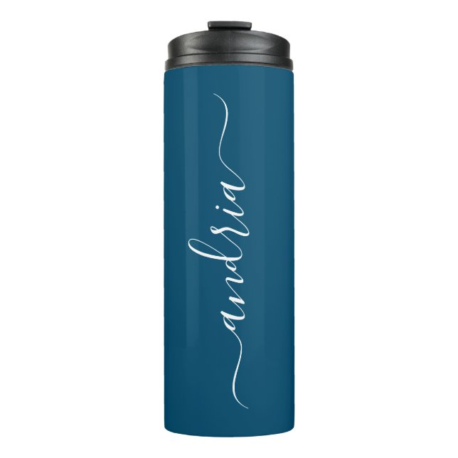 Personalize Vertical White Script Name, Ocean Blue Thermal Tumbler (Front)