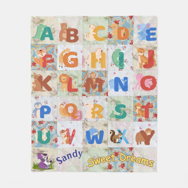 Personalize Vintage Animal Alpha Fleece Blanket (Front)
