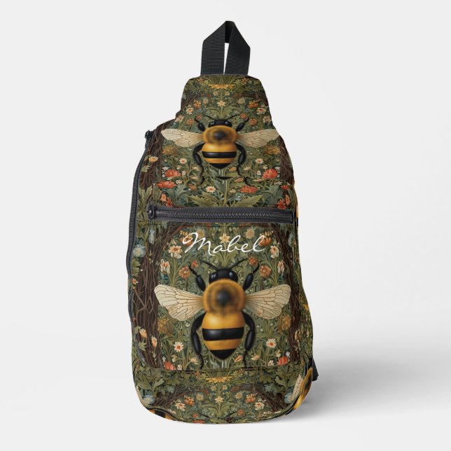 Personalize vintage bumblebee  botanical floral  sling bag (Front)